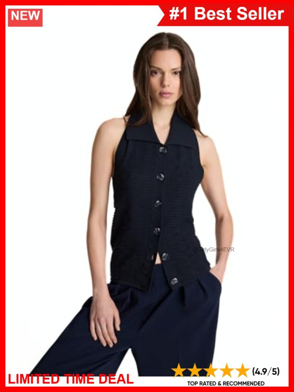 Sleeveless Collared Halter Knit Sweater Top Slim Fit Breathable Office